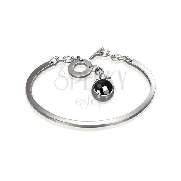 Silberfarbene Armspange, nicht vollendetes Oval mit hängendem schwarzem Zirkonia