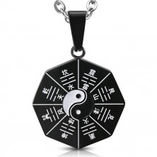 Edelstahlanhänger - schwarz, mit Yin und Yang und chinesischen Zeichen