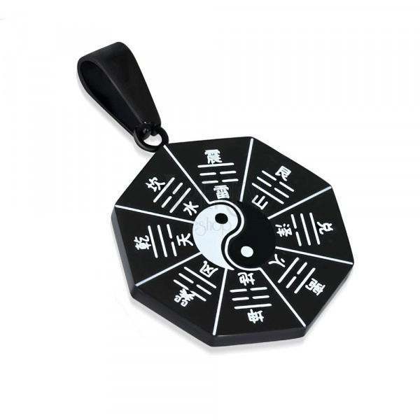 Edelstahlanhänger - schwarz, mit Yin und Yang und chinesischen Zeichen